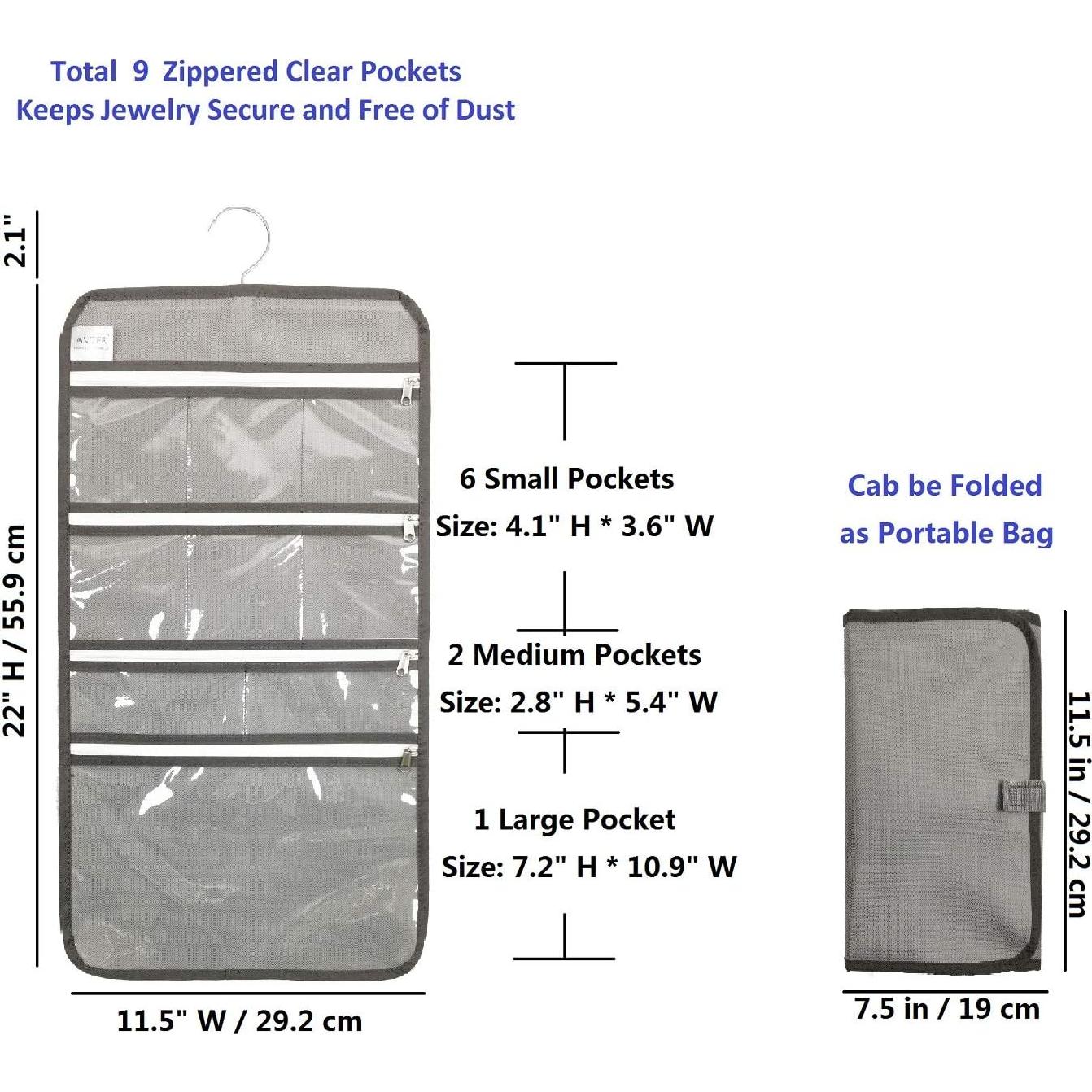 Organizador de Joyería Colgante ANIZER Gris 9 Bolsillos