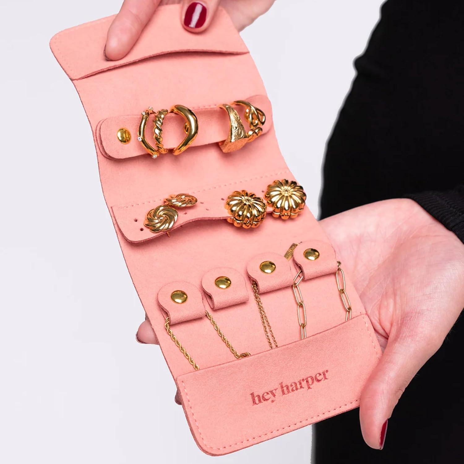 Organizador de Joyería de Viaje Hey Harper Coral - Estuche Plegable para Anillos, Pendientes y Collares