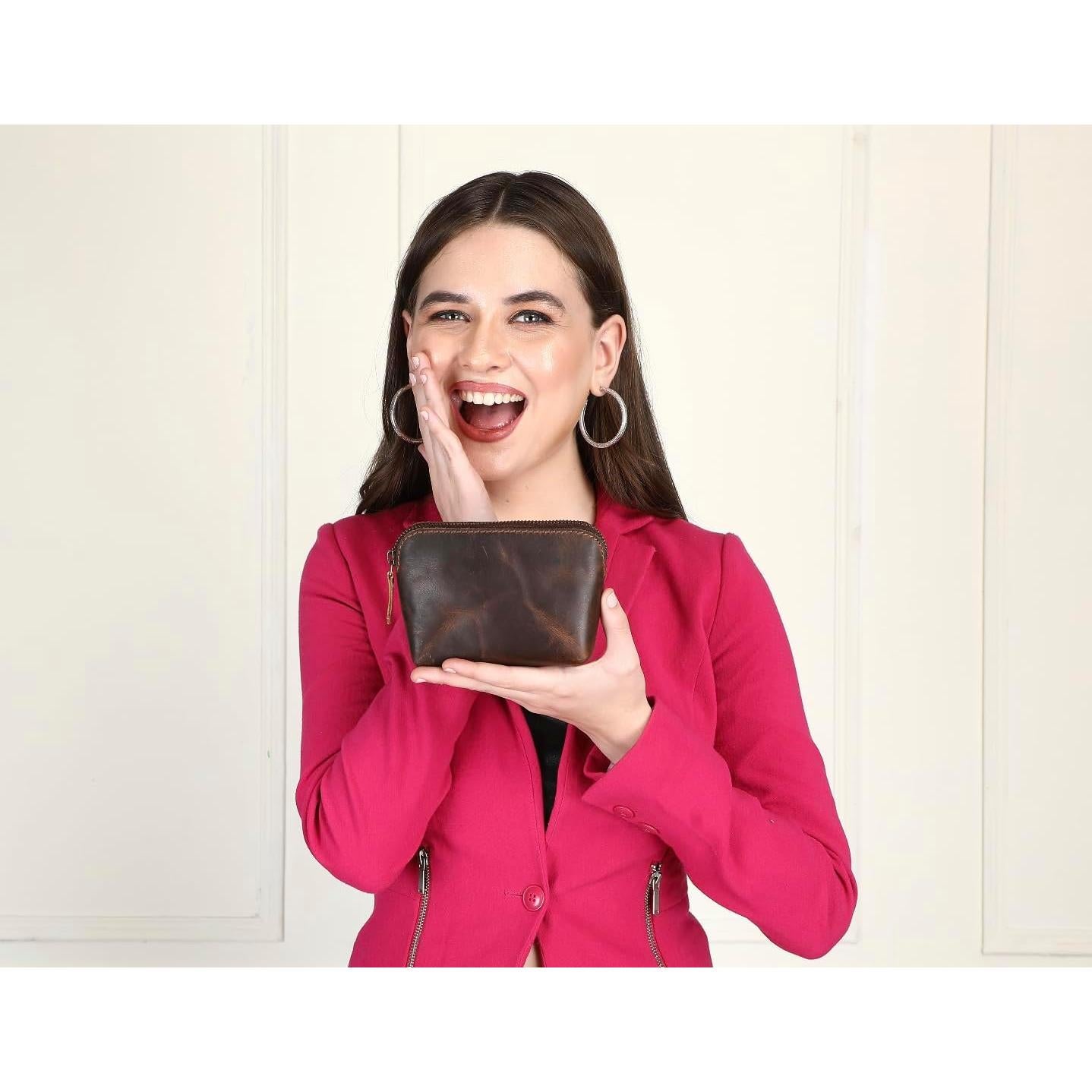 Neceser de Cosméticos de Cuero Marrón Unisex - 12.7x10.2cm