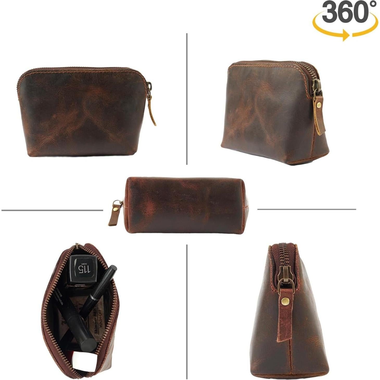 Neceser de Cosméticos de Cuero Marrón Unisex - 12.7x10.2cm