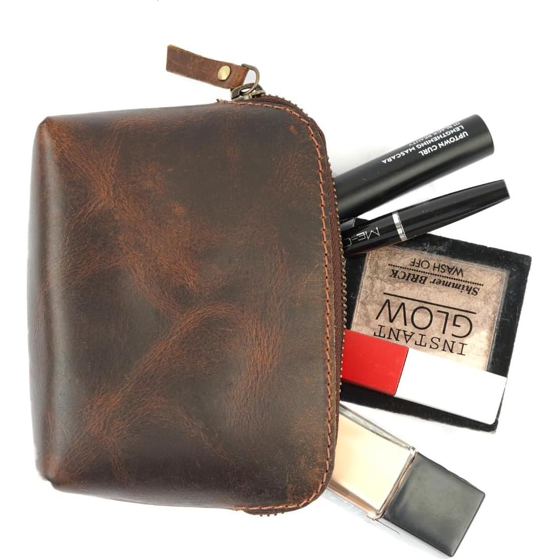 Neceser de Cosméticos de Cuero Marrón Unisex - 12.7x10.2cm