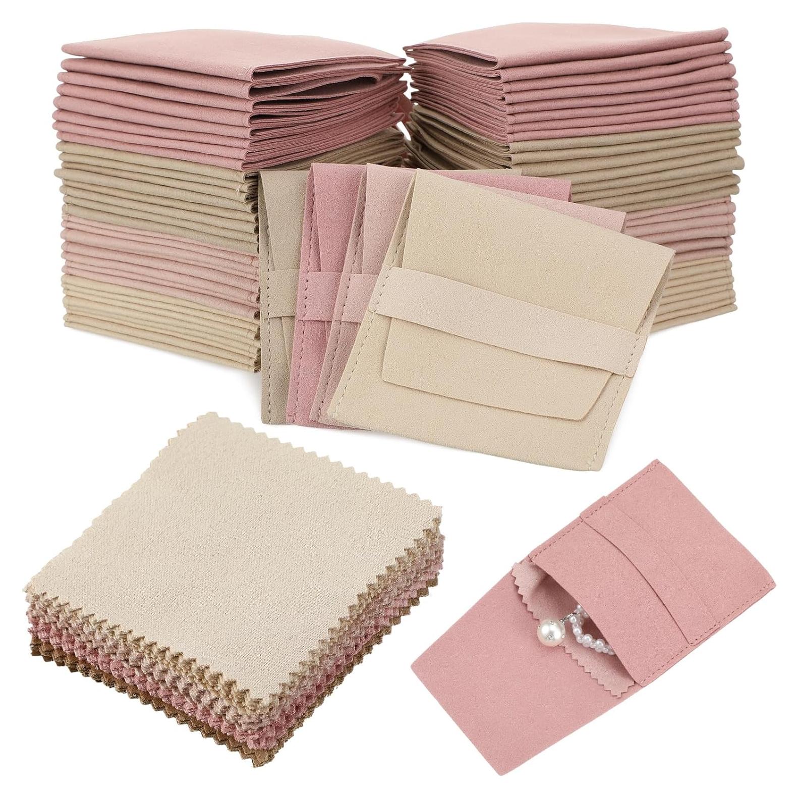 120 Pcs Microfiber Jewelry Pouch 8x8cm Packaging Bag Luxury Gift Fixed Strap Envelope Style Packaging with Cleaning Cloth(Fresh Color)
