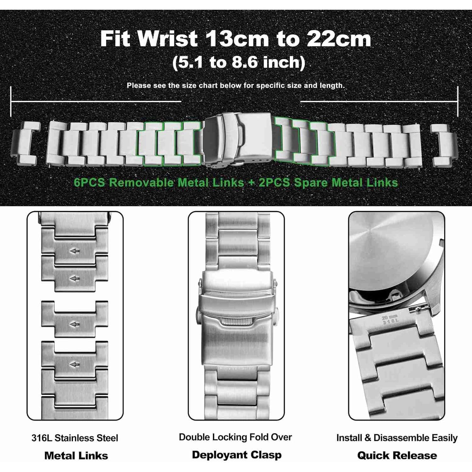 Banda de Reloj de Metal WOCCI 24mm Acero Inoxidable Plata