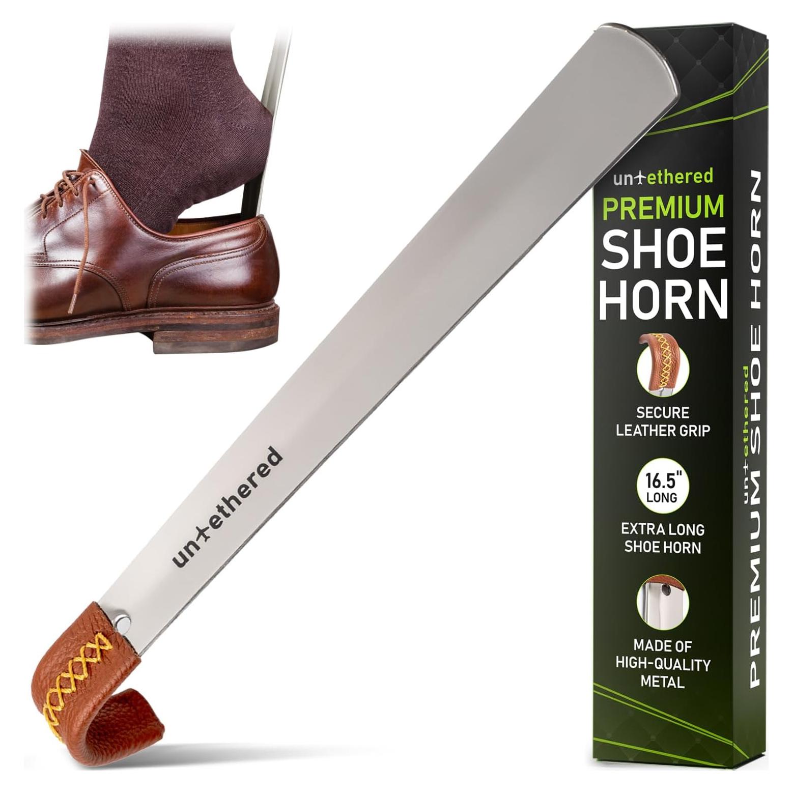 Cuchara de zapatos larga de metal con mango de cuero 41.91 cm