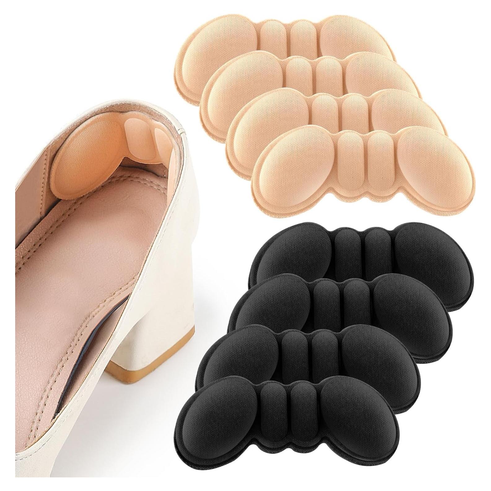 FlyCoco 8PCS Heel Pads Grip Liner Cushion Insert for Cushioning Heels Loose Big Shoe, Comfort Shoes Pad Multi-Use for Women Men Anti-Blister High Heels Casual Shoes (4 Pairs, Black+Apricot