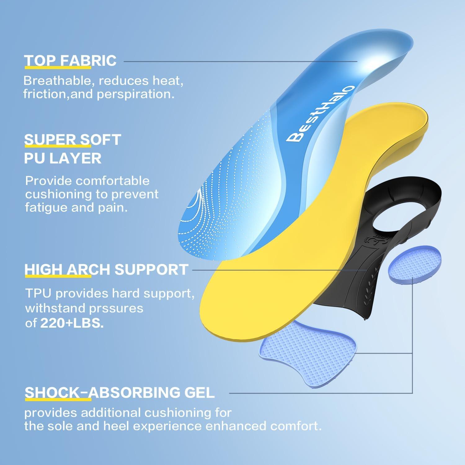 Plantillas Ortopédicas BestHalo para Fascitis Plantar - Soporte Arco Alto, Gel, Hombres 7-8.5 | Mujeres 8-9.5