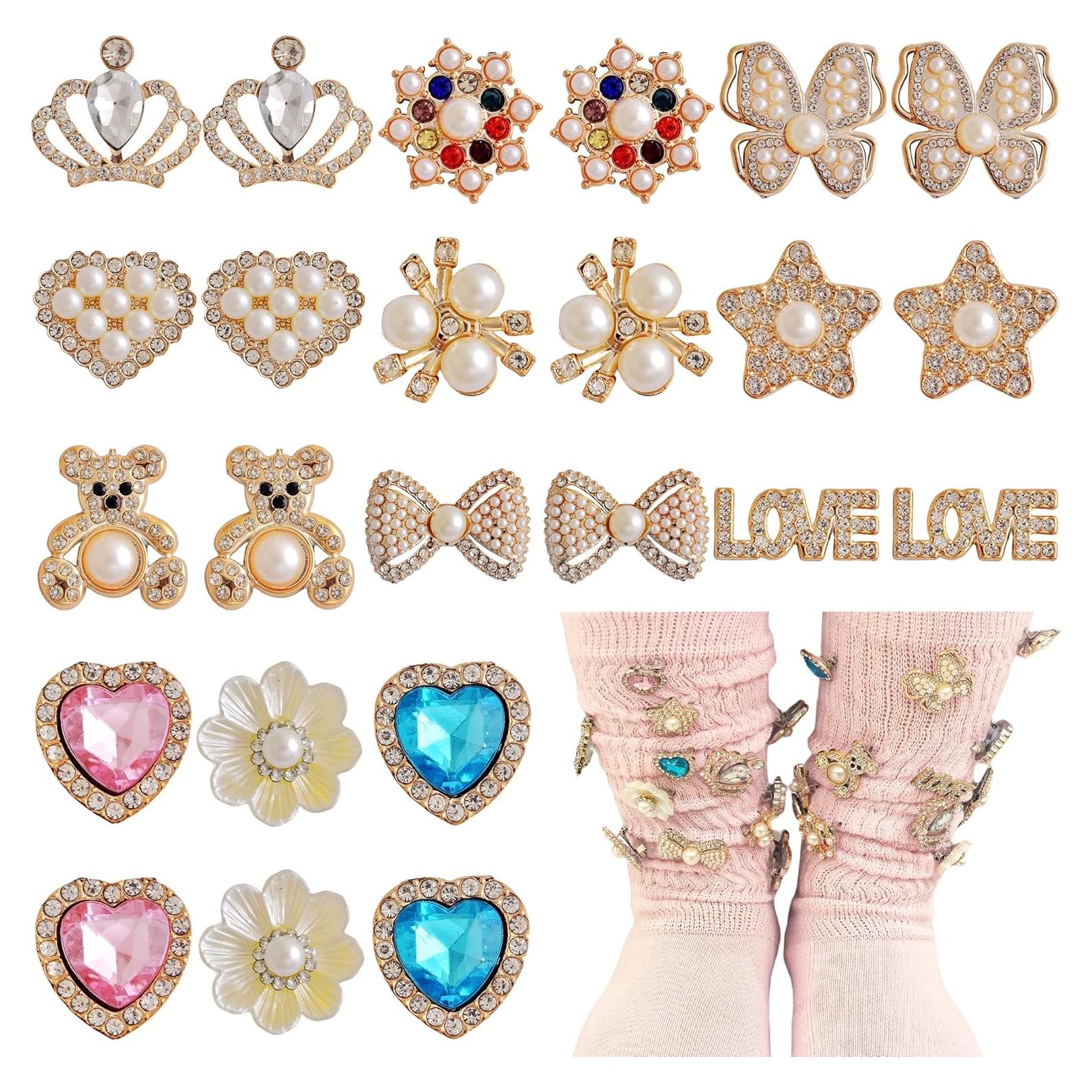 Sock Charms Pins 24pcs Charms for Socks Bling Sock Jewelry Charms Gold junk Sock Charms Brooch Sock Accessories Charms Designer Safety Pin Charms for Hats Shoe Charms for Sneakers Shoe Pins for Sambas