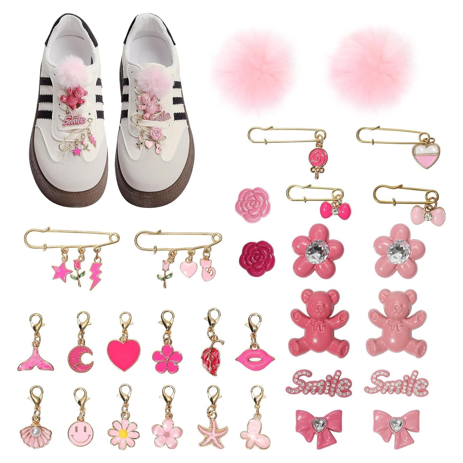 Kit 38 Pcs Encantos Brillantes para Zapatos Niñas Rosa Pom