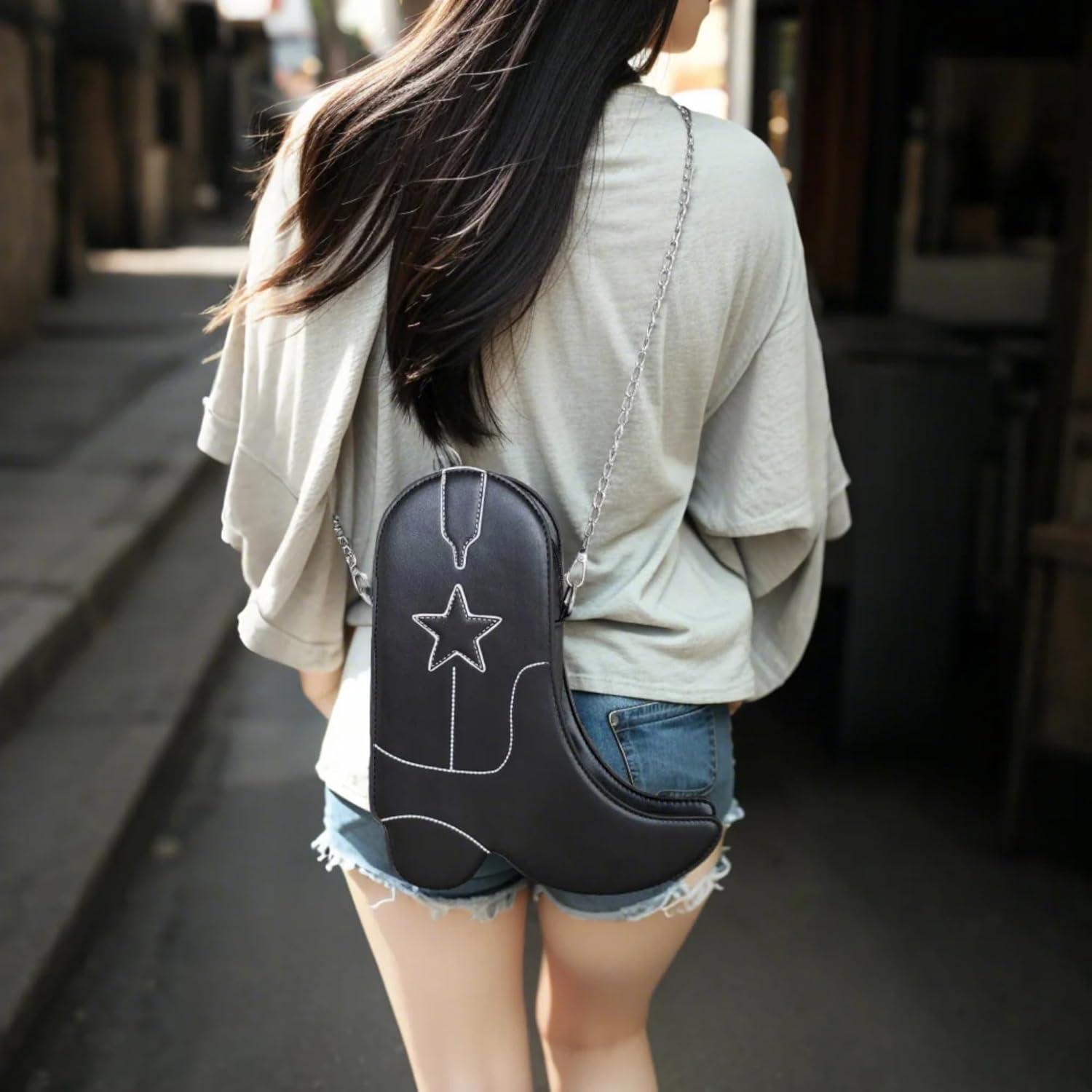 Bolso Cruzado de Cuero Vegano QHMCEXG Botín Cowboy Negro 22x7x29cm