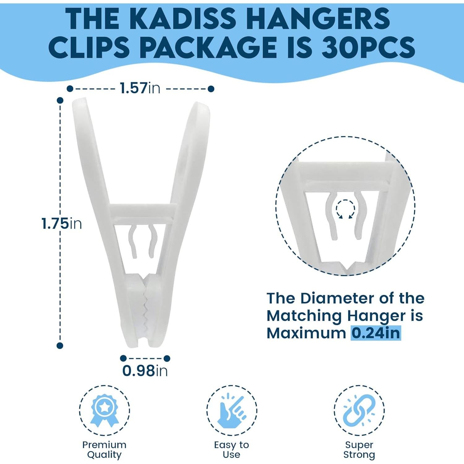 Clips de Percha Multiusos Kadiss - 30 Piezas, Plástico Blanco