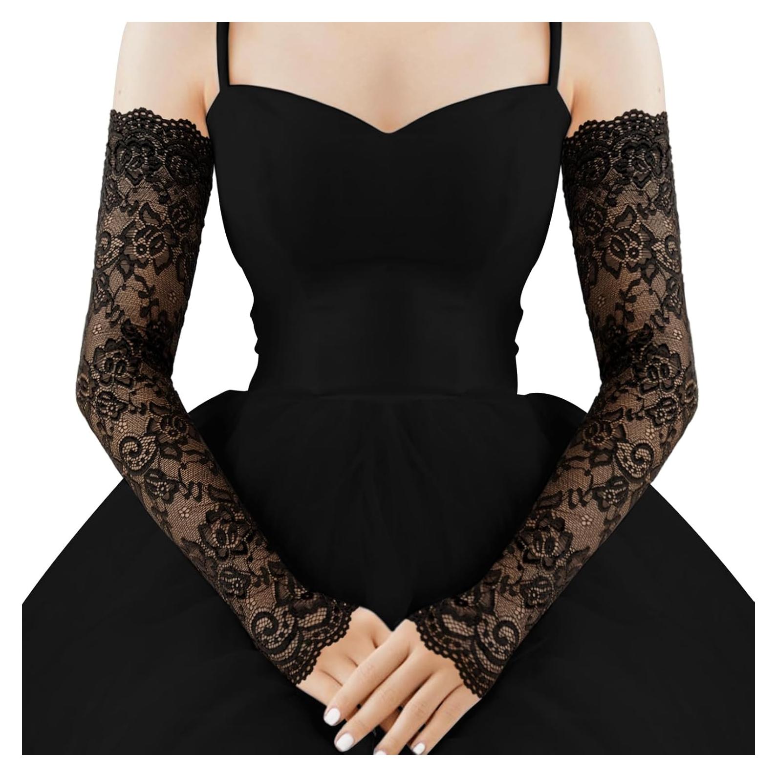 Mangas de Encaje Sin Dedos para Mujeres - Negro - Elegantes para Bodas