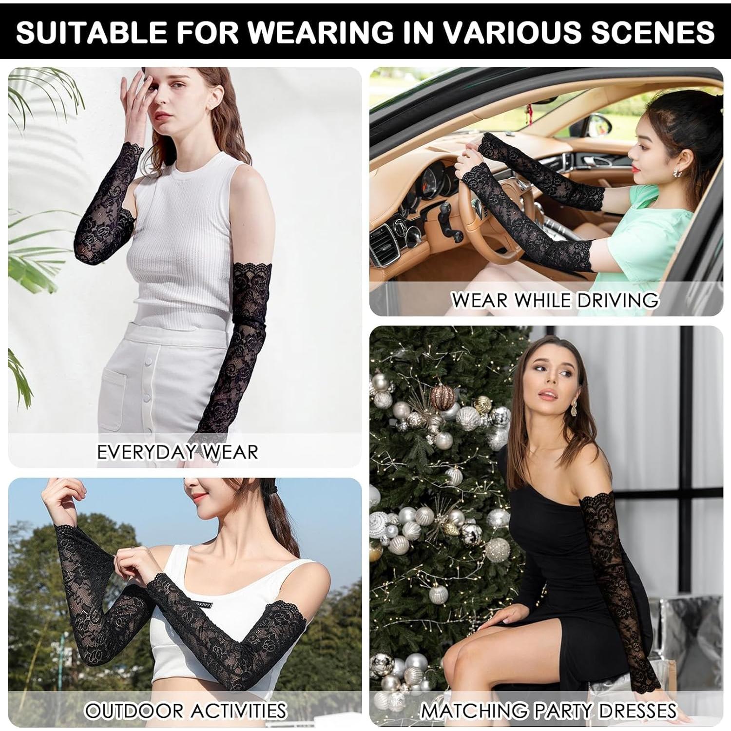 Mangas de Encaje Sin Dedos para Mujeres - Negro - Elegantes para Bodas