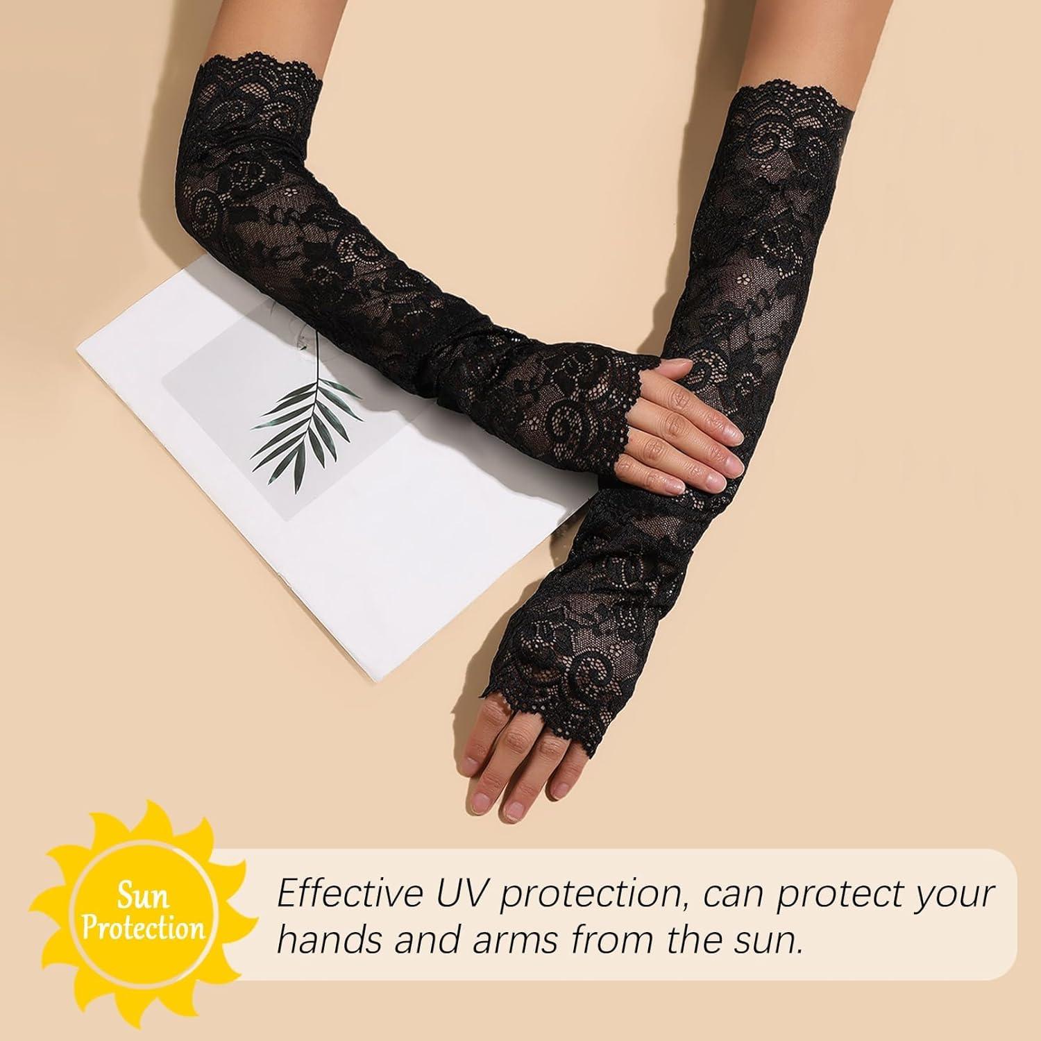 Mangas de Encaje Sin Dedos para Mujeres - Negro - Elegantes para Bodas