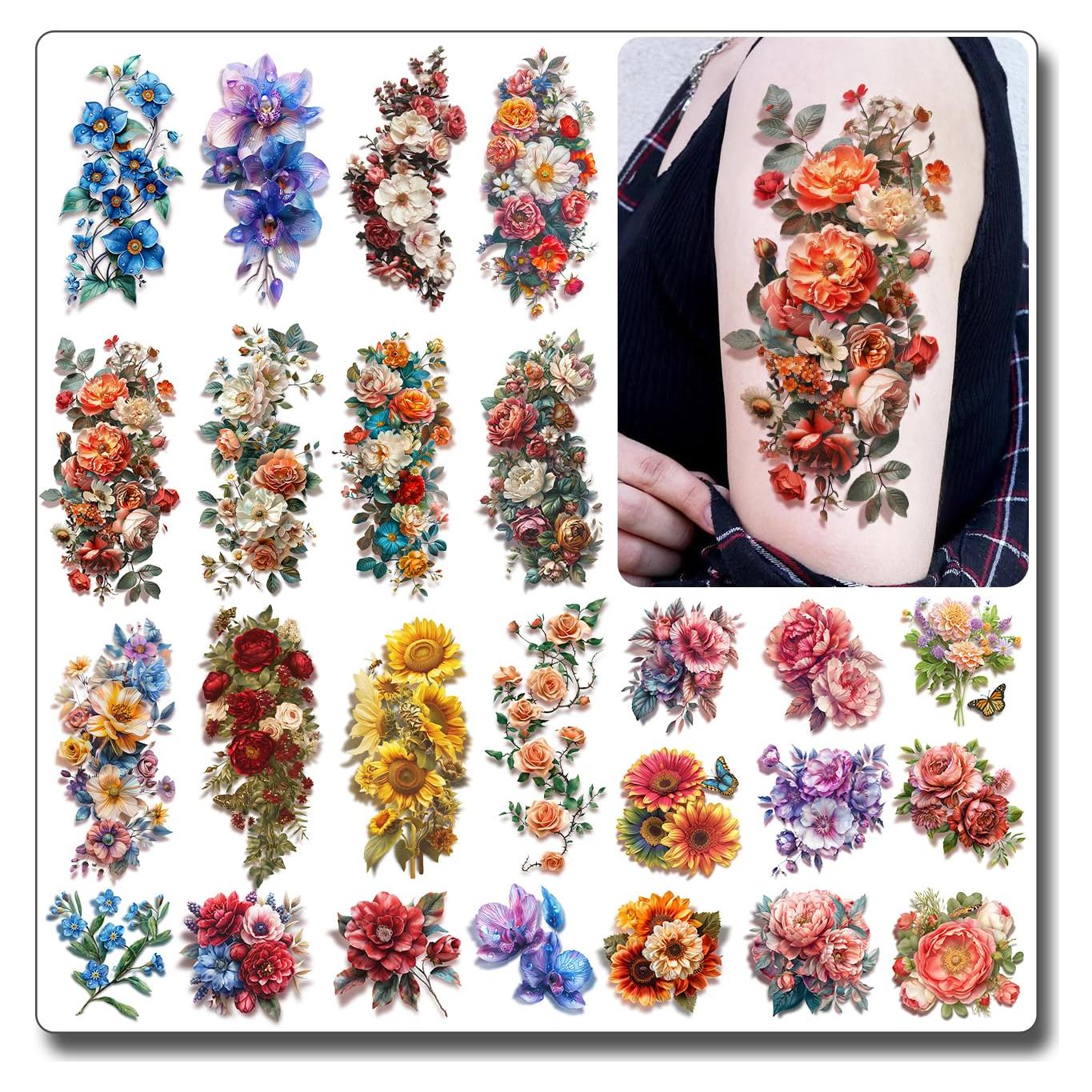 Tatuajes Temporales de Flores 3D CHARLENT - 25 Hojas Impermeables