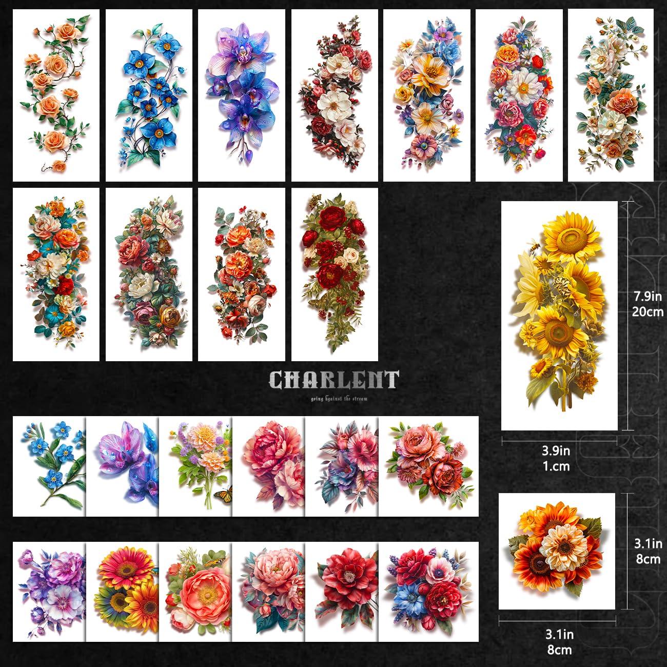 Tatuajes Temporales de Flores 3D CHARLENT - 25 Hojas Impermeables