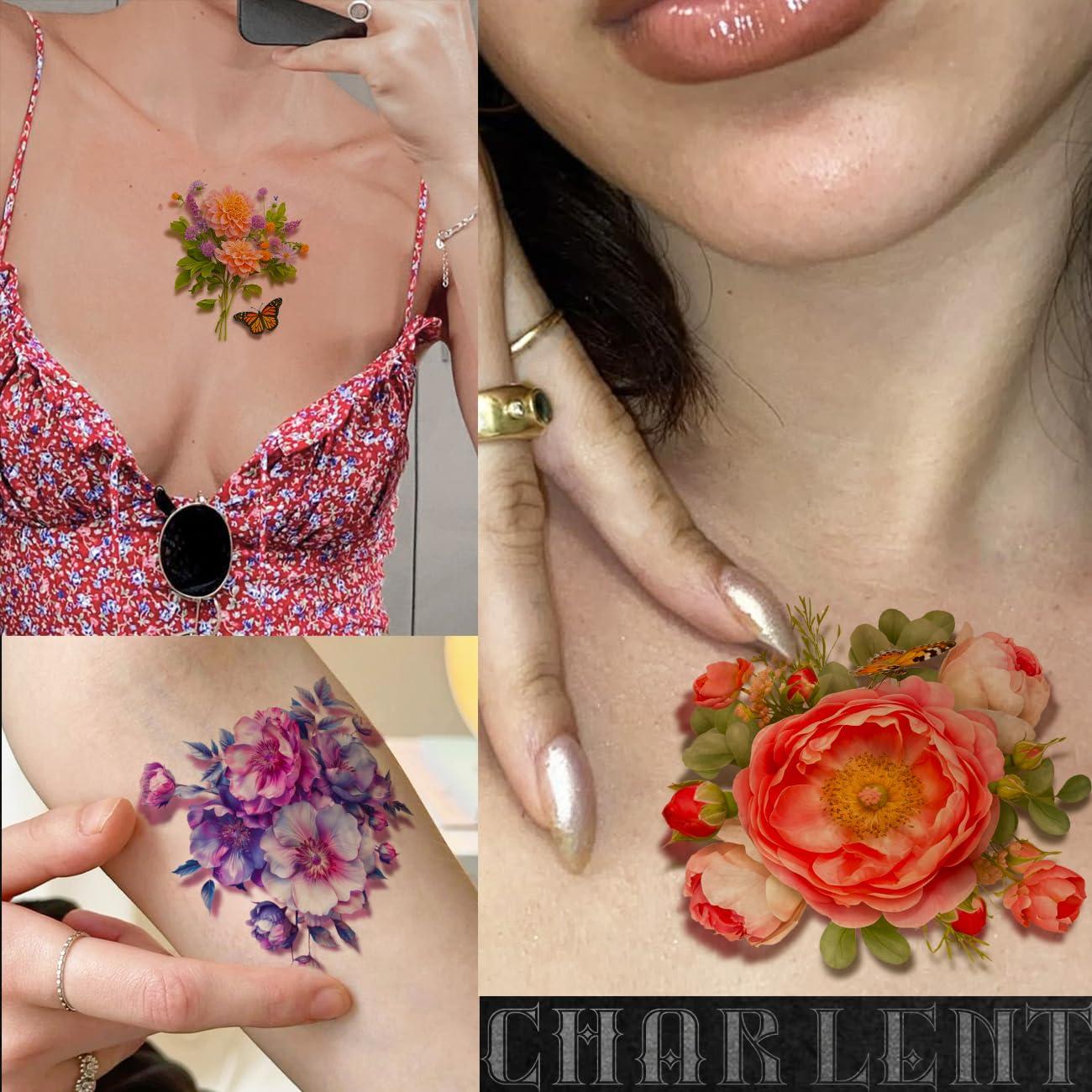 Tatuajes Temporales de Flores 3D CHARLENT - 25 Hojas Impermeables
