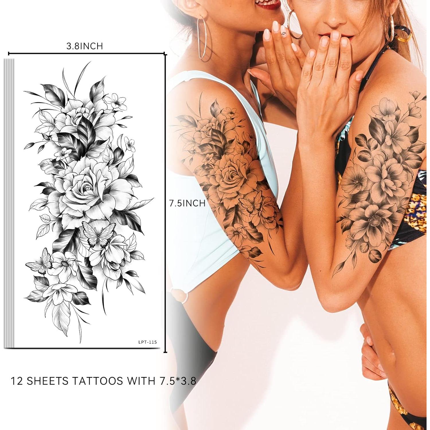 Tatuajes Temporales EMOME 12 Hojas Flores Negras Adultos