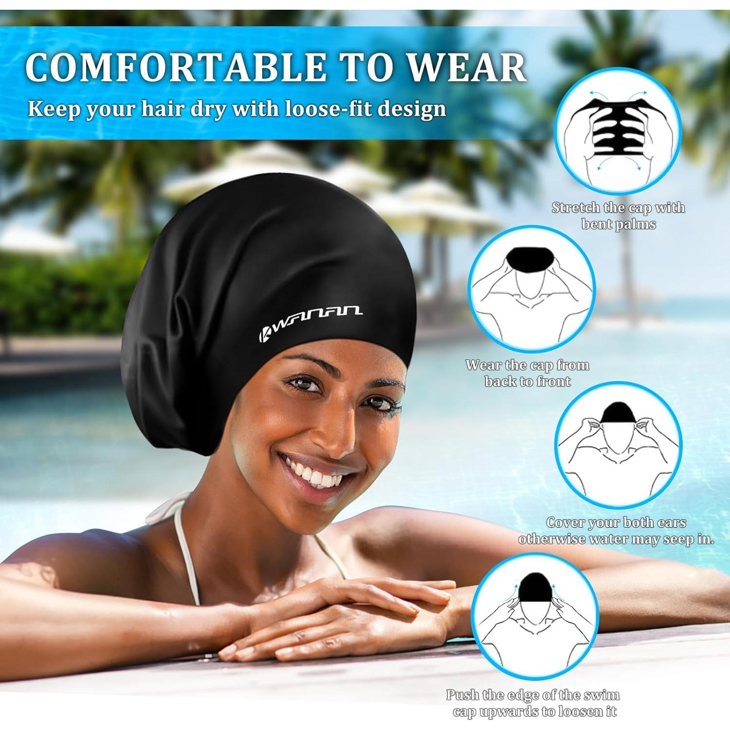 Gorro de natación Kwanan XL Negro para cabello largo y trenzas