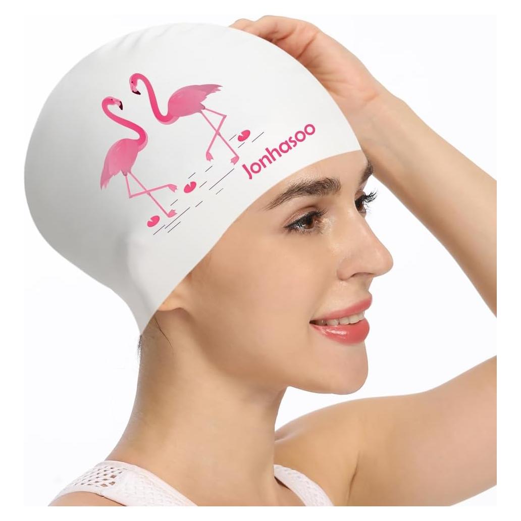 Gorro de natación de silicona Jonhasoo para mujeres - Estampado flamenco