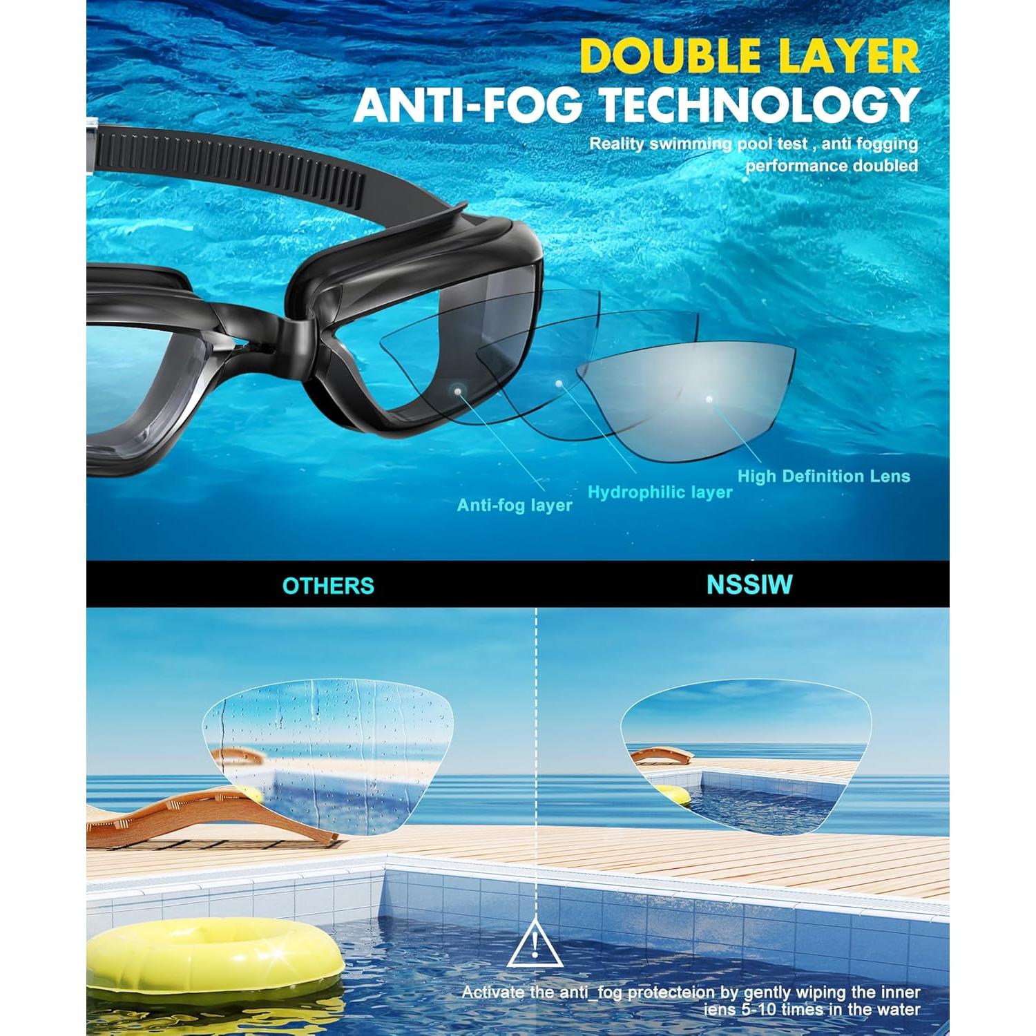 Gafas de natación NSSIW para adultos - Antivaho y sin fugas - Paquete de 3