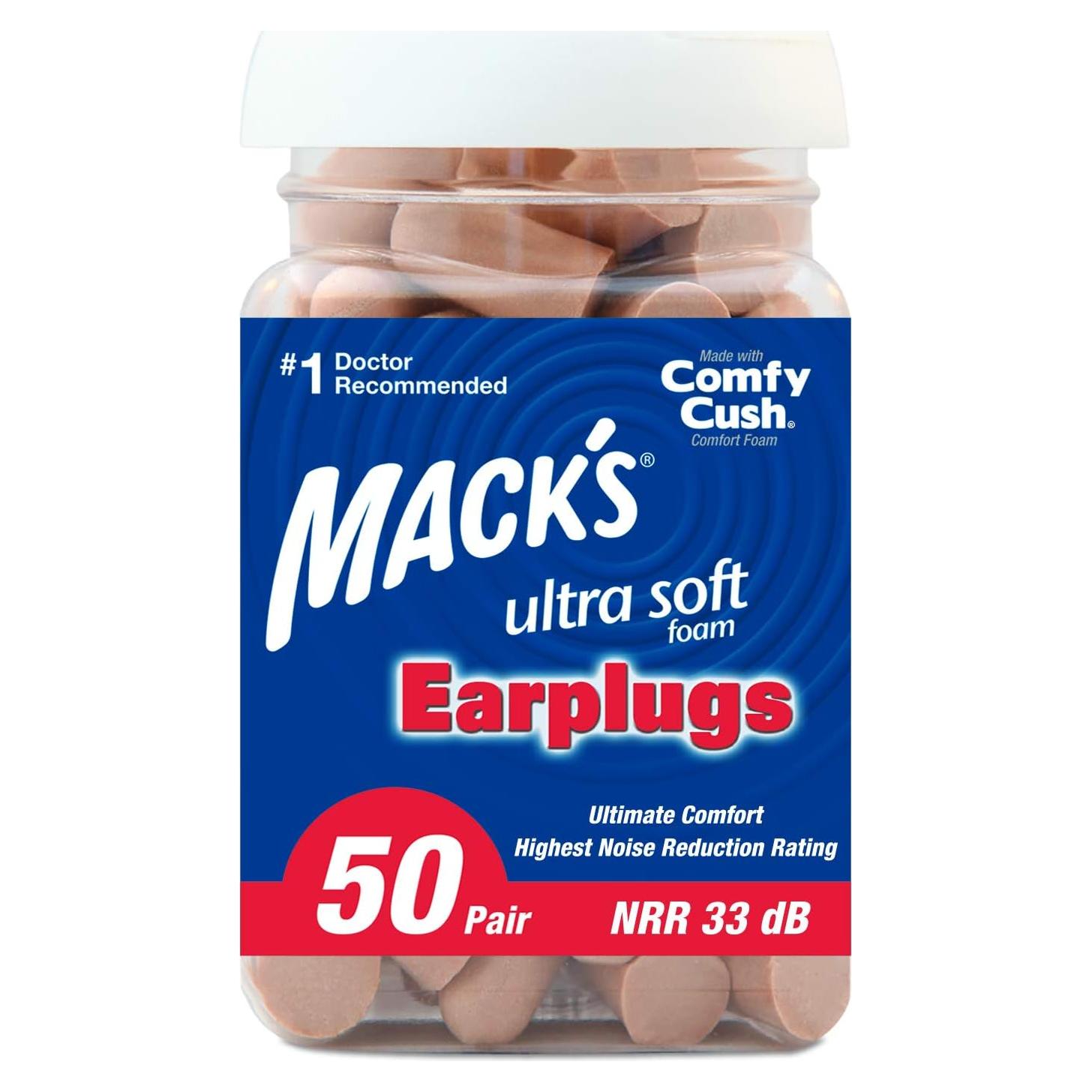 Tapones para oídos Mack's 50 pares espuma 33dB NRR cómodos