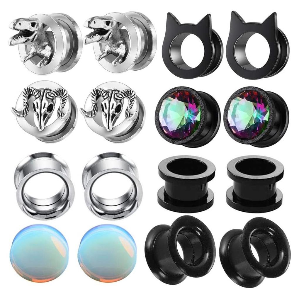 8 Pares Túneles de Oído Acero Inoxidable y Silicona 2g a 16mm