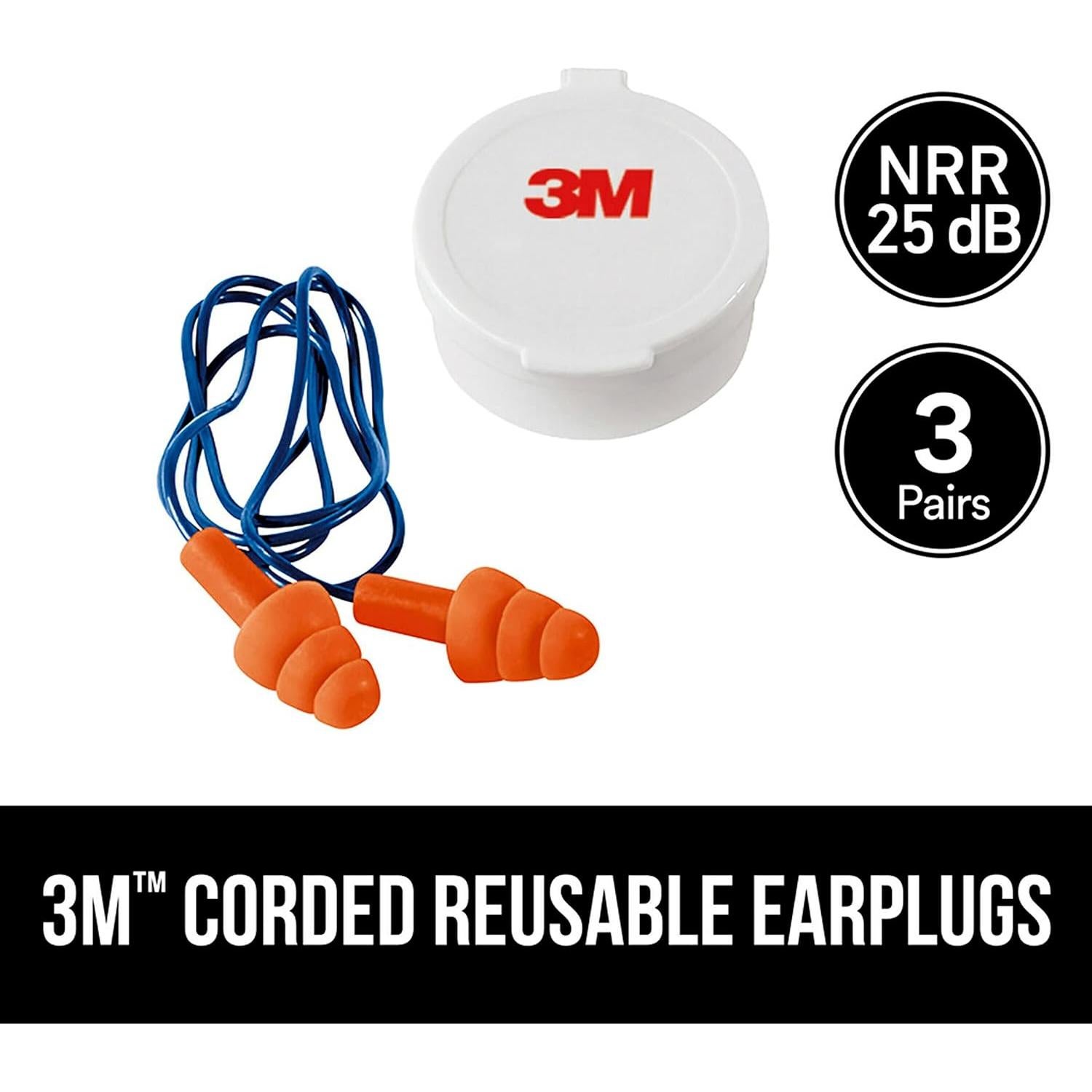 Tapones para oídos reutilizables 3M con cable, NRR 25 dB, 3 pares