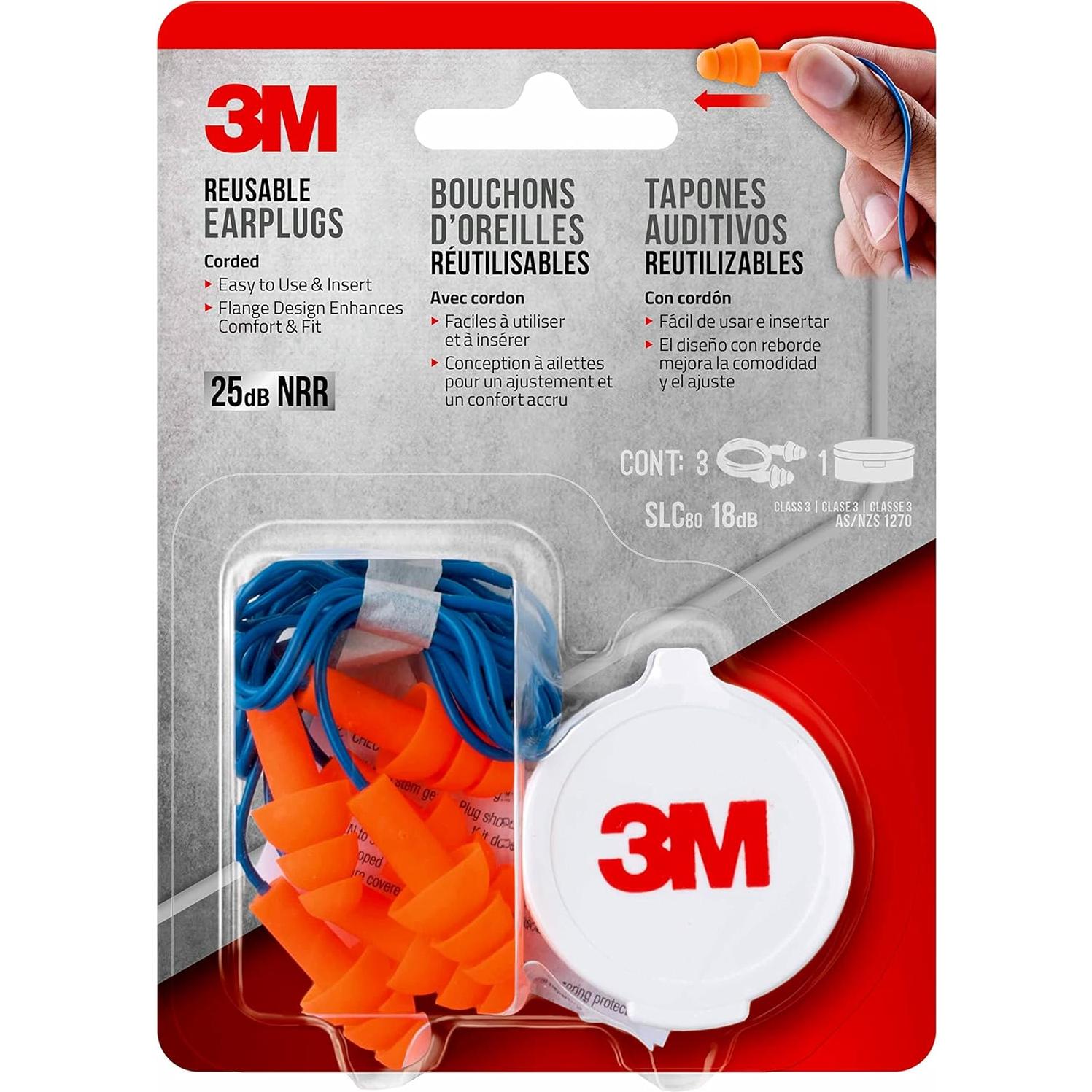Tapones para oídos reutilizables 3M con cable, NRR 25 dB, 3 pares