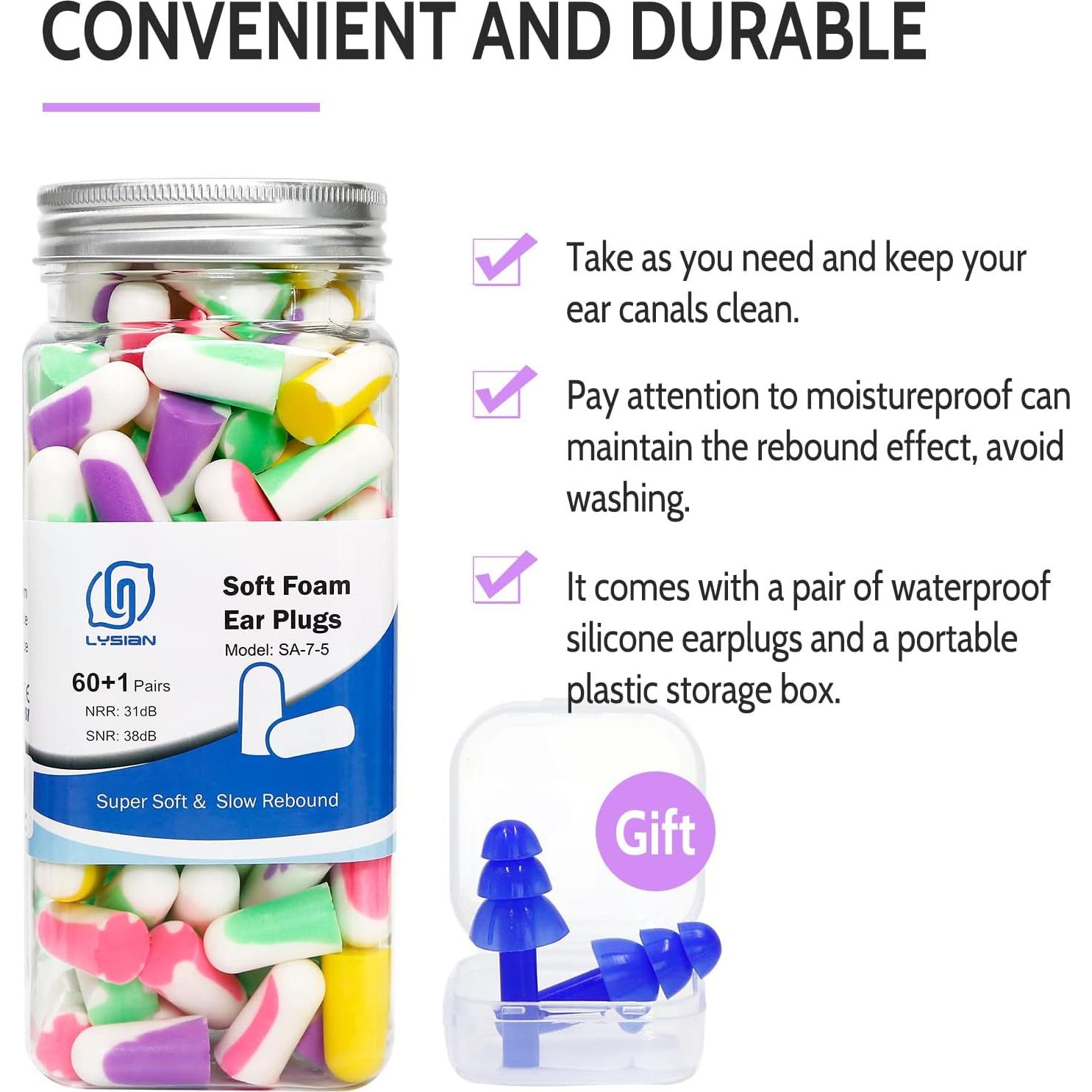Tapones de Espuma LYSIAN Ultra Suaves 60 Pares Multicolor 38dB
