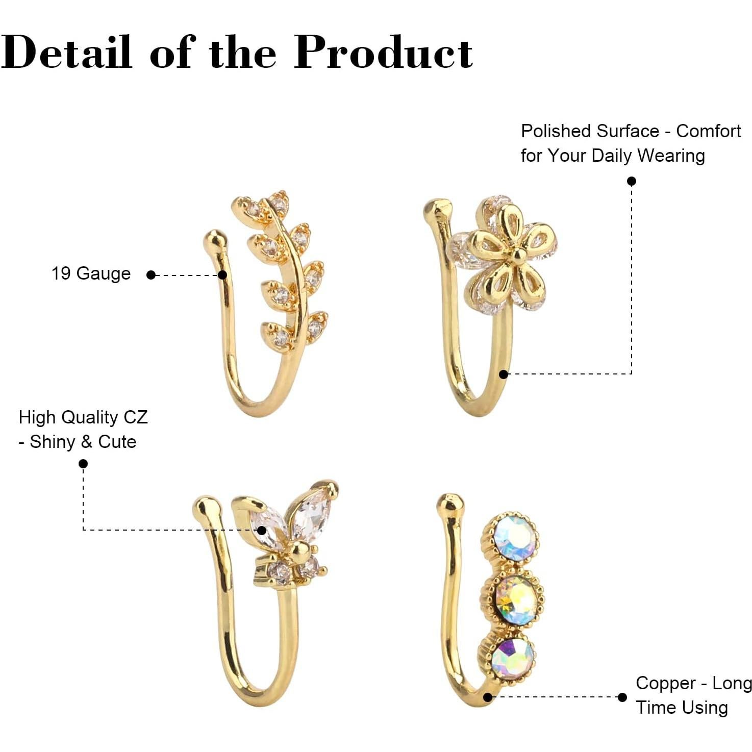 CrazyPiercing Anillo Falso de Nariz Clip 9 Piezas para Mujer