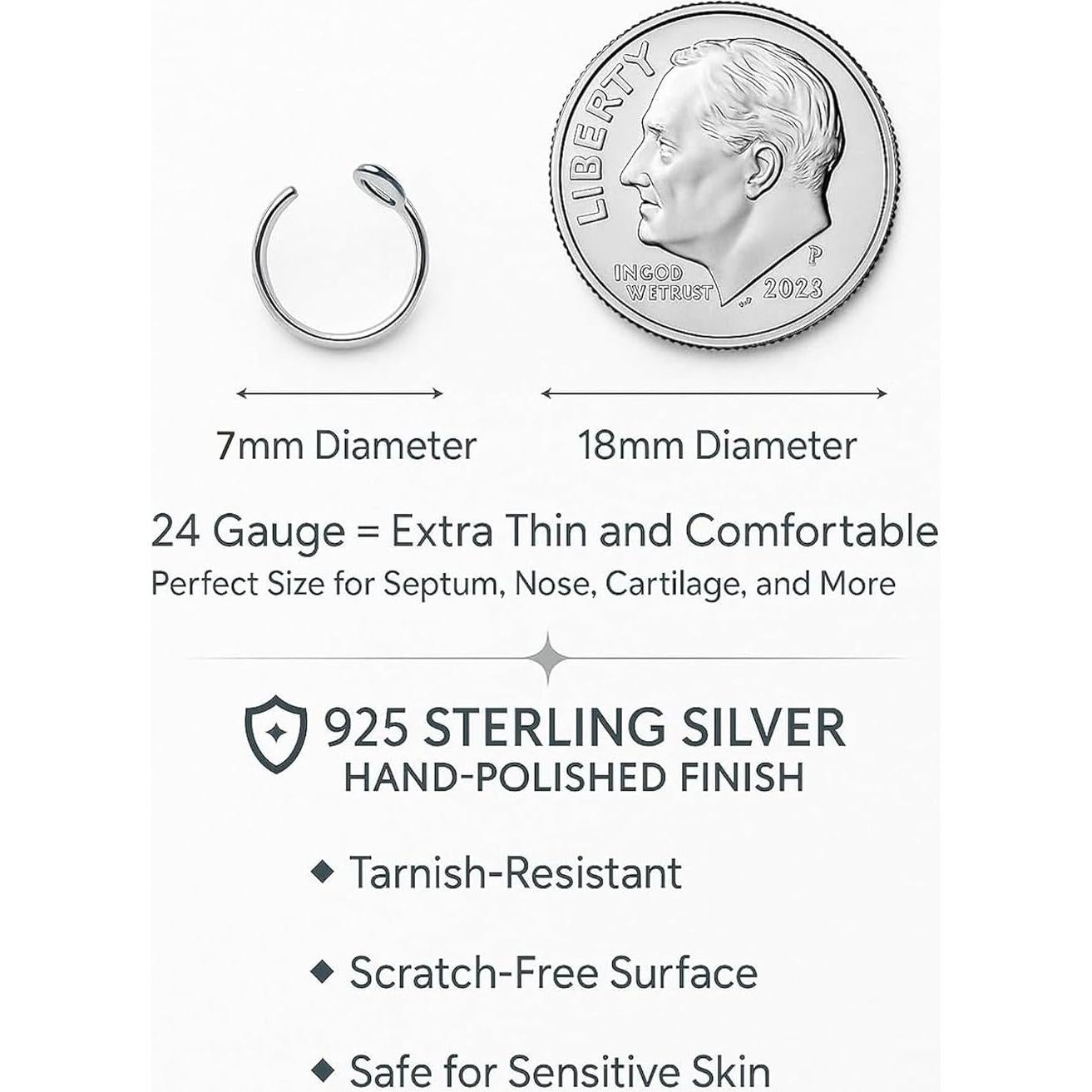 Anillo de Nariz Falso Clip On Alome Plata Esterlina 925 7mm