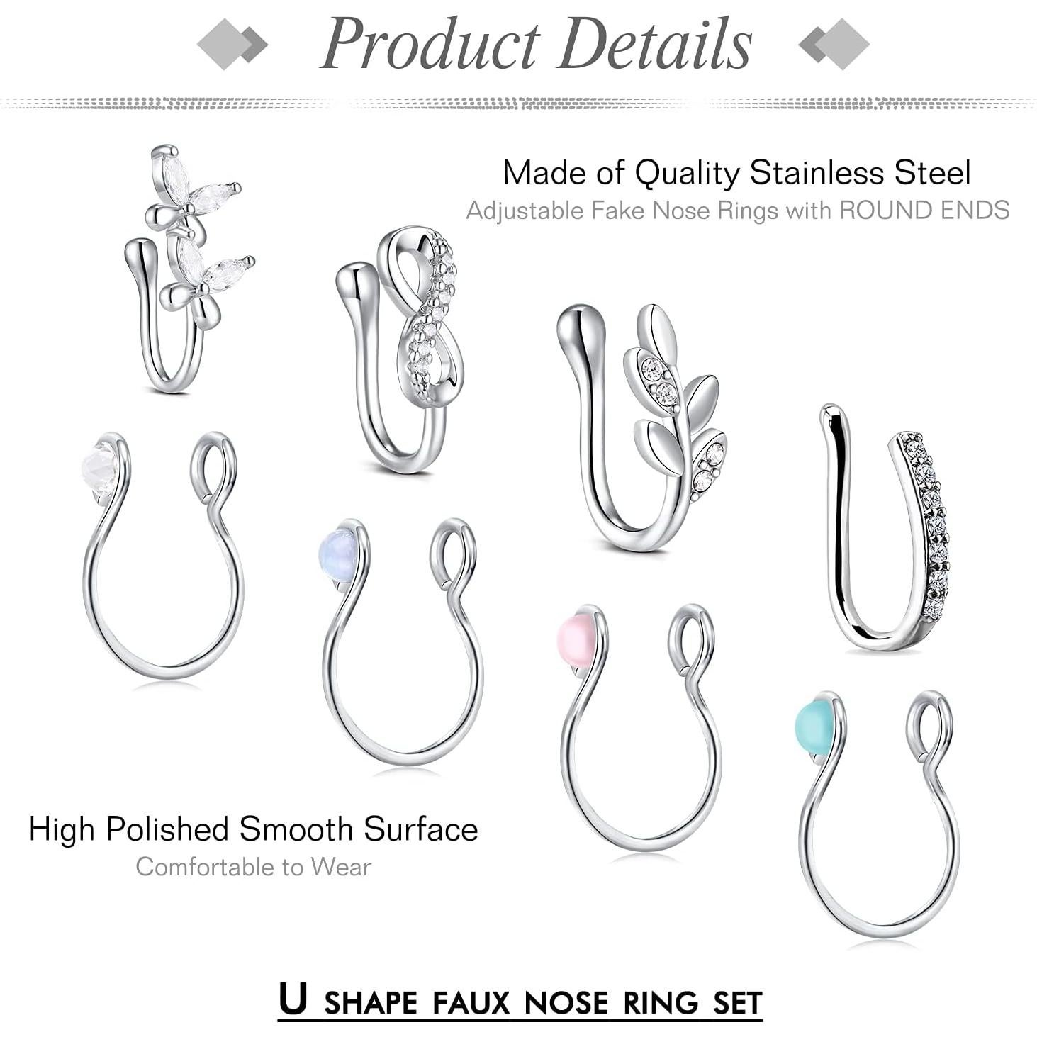 Aros Falsos para Nariz JFORYOU - 8 Piezas Ajustables Plateados