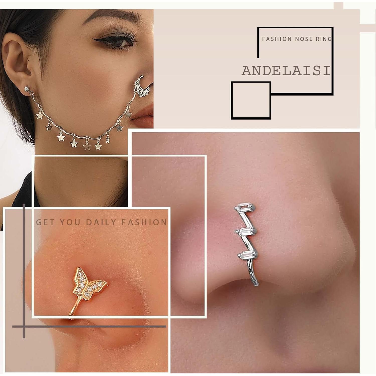 Anillo de Nariz Clip On Andelaisi Vintage Cristal Plateado