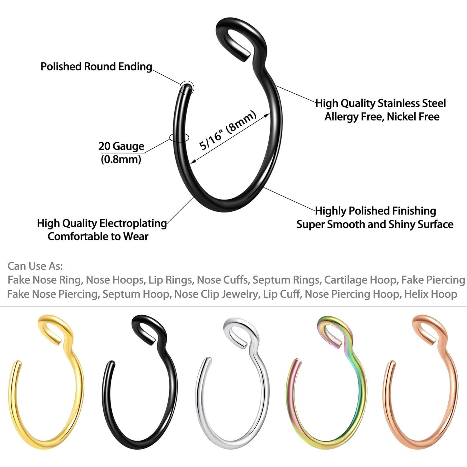 5 Pcs Aros Nasales Falsos Acero Inoxidable Velcare