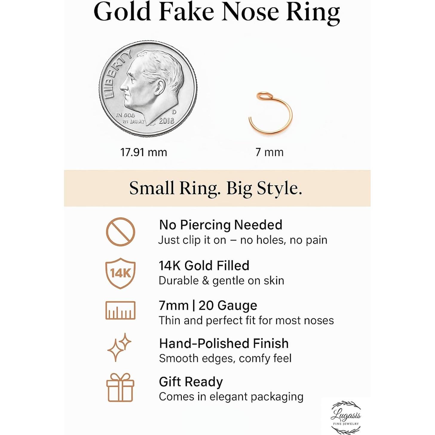 Anillo de Nariz Falso Oro Relleno 14k 7mm 20 Gauge Mujeres