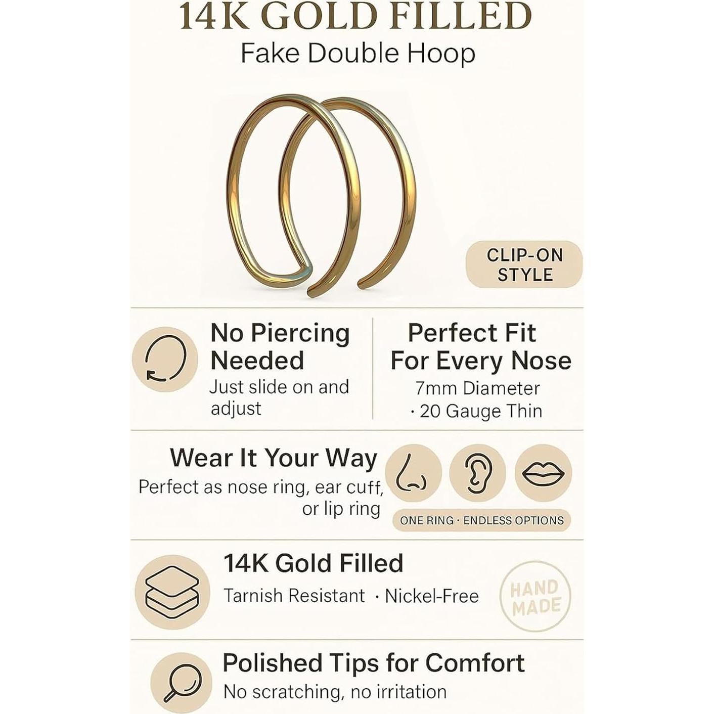 Anillo de Nariz Falso Doble Oro 14k - 20G 7mm - Sin Perforación