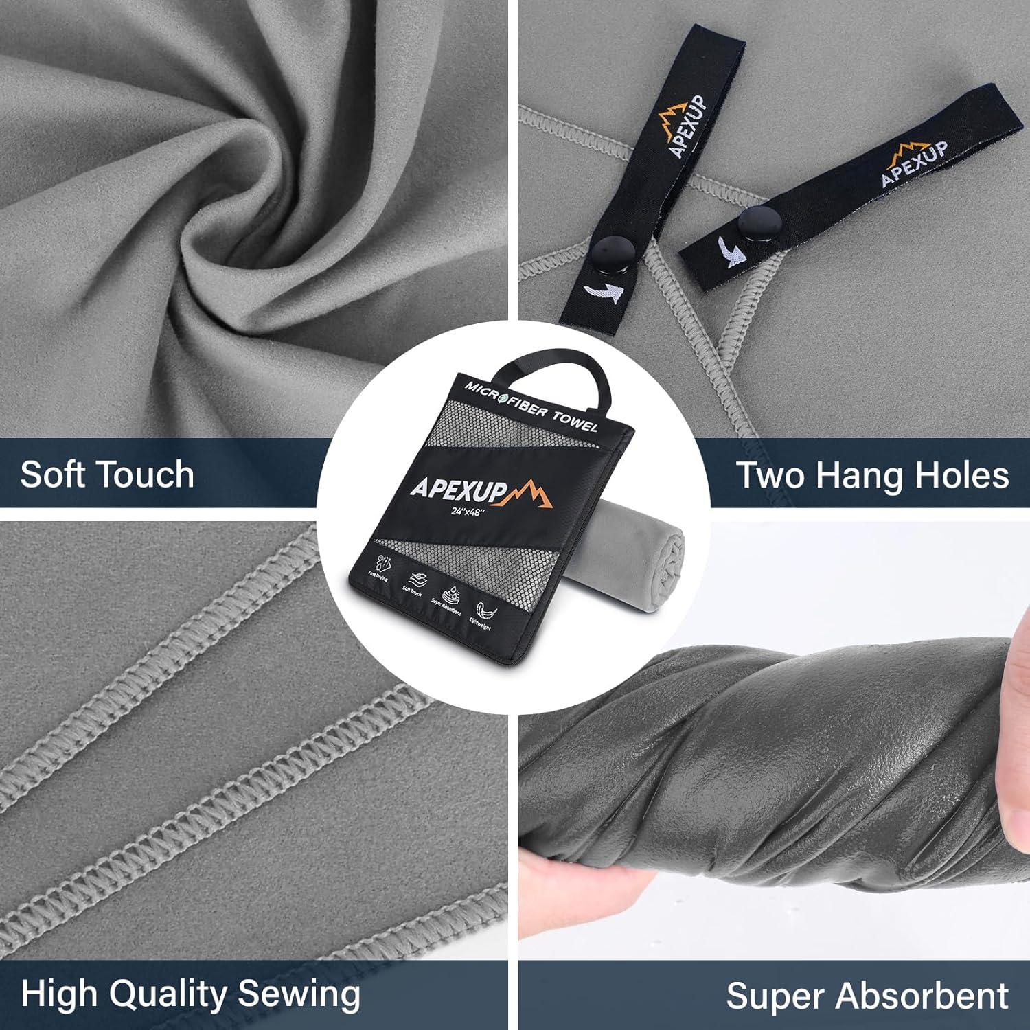 Toalla de Viaje Microfibra APEXUP 61x30.5cm Gris Secado Rápido