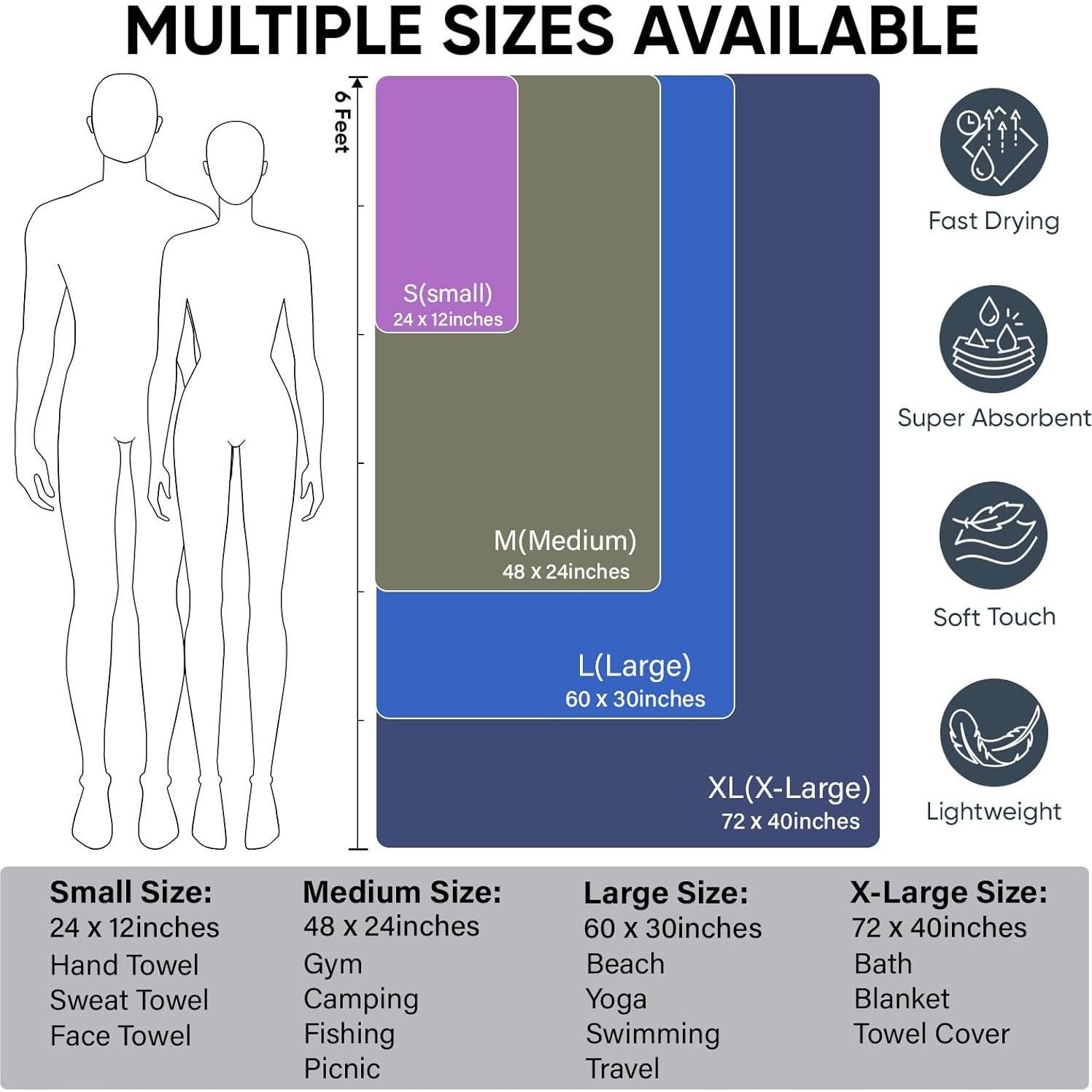 Toalla de Viaje Microfibra APEXUP 61x30.5cm Gris Secado Rápido