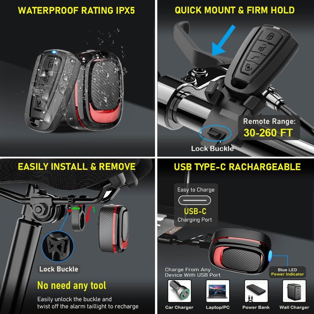 Luz Trasera Inalámbrica PADONOW A5 con Alarma y USB-C