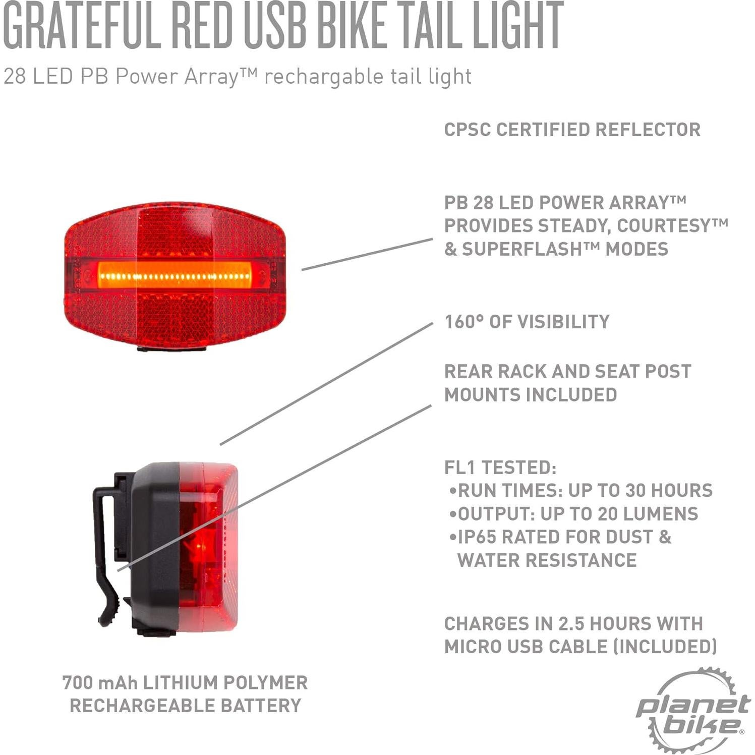 Luz Trasera USB para Bicicleta Planet Bike Rojo 28 LED IP65