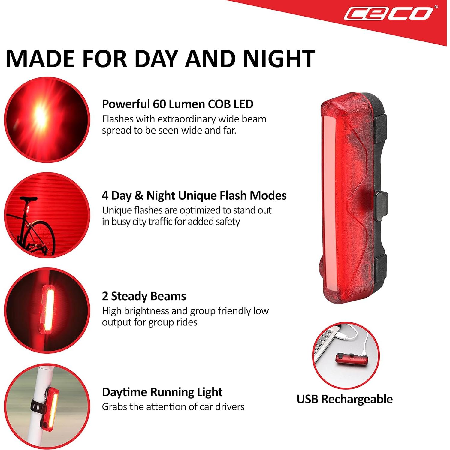 Luz Trasera Recargable USB CECO TC60 60 Lúmenes IP67 Rojo