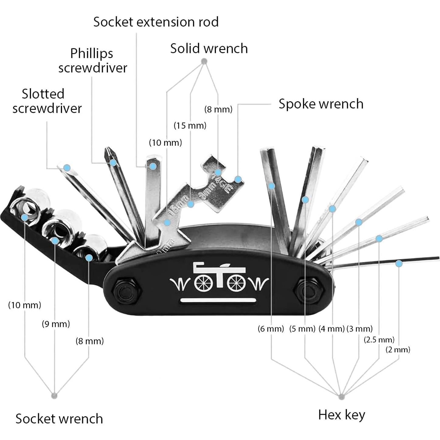 Kit de Herramientas WOTOW 16 en 1 para Bicicletas - Acero de Cromo-Vanadio