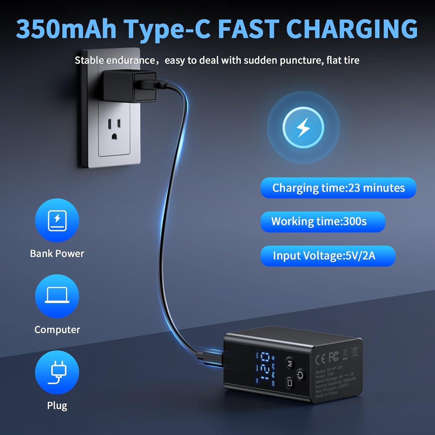 Mini Bomba Eléctrica de Bicicleta EQIIO, 120 PSI, Portátil