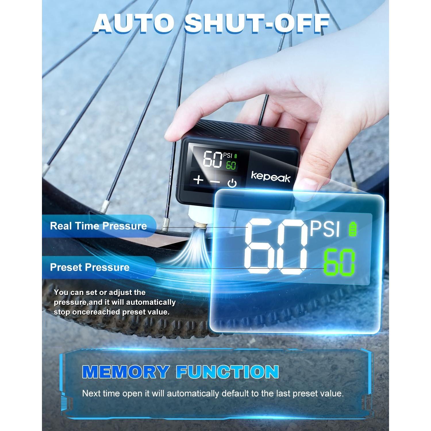 Bomba de Bicicleta Eléctrica KEPEAK 120 PSI con Manómetro