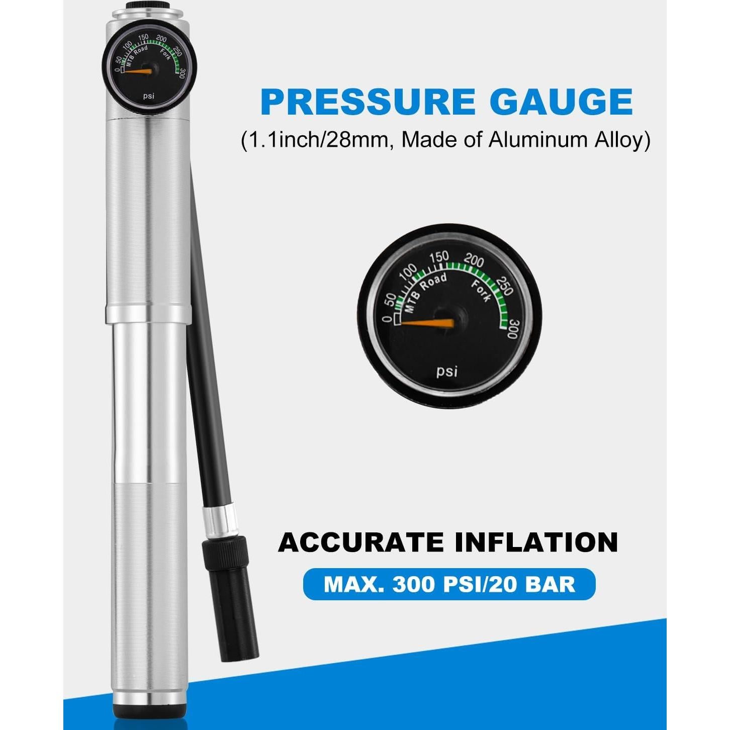 Bomba de Bicicleta Mini JULAI HQ70 con Manómetro 300 PSI