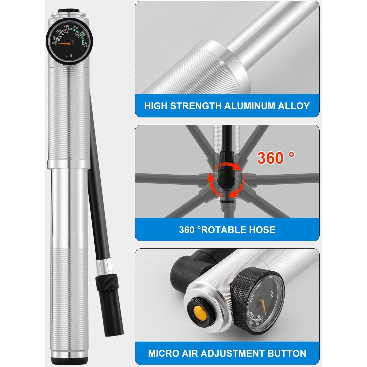 Bomba de Bicicleta Mini JULAI HQ70 con Manómetro 300 PSI