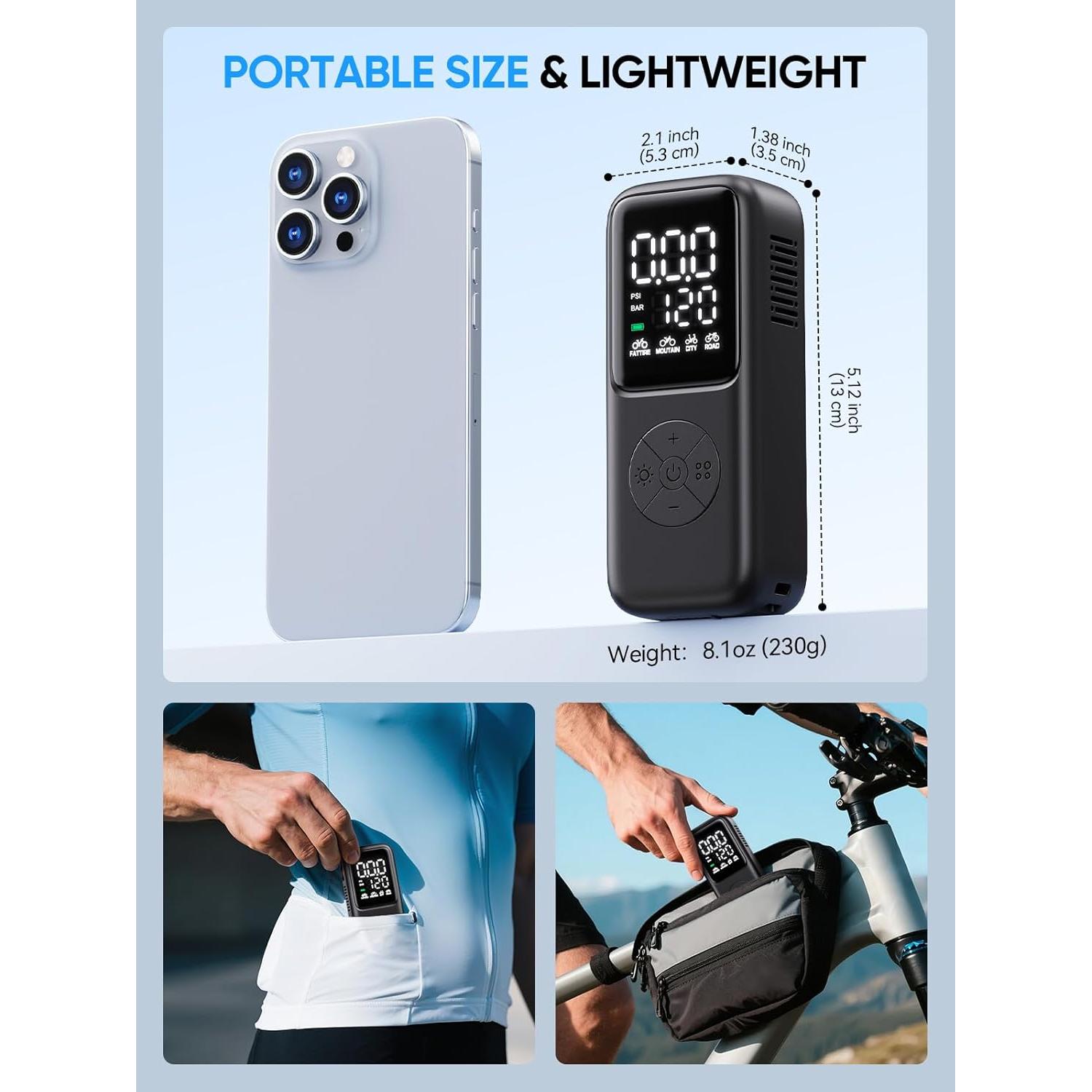 Mini Bomba Eléctrica de Bicicleta GPUTEK 120 PSI con Manómetro