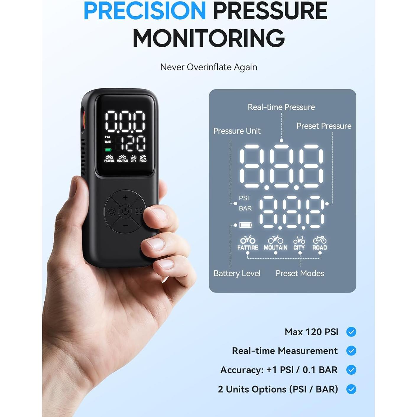 Mini Bomba Eléctrica de Bicicleta GPUTEK 120 PSI con Manómetro