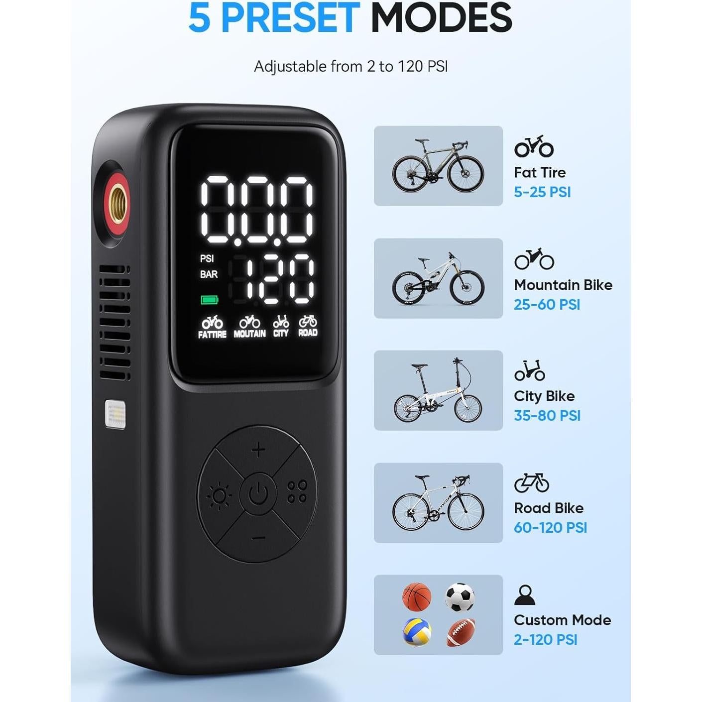 Mini Bomba Eléctrica de Bicicleta GPUTEK 120 PSI con Manómetro