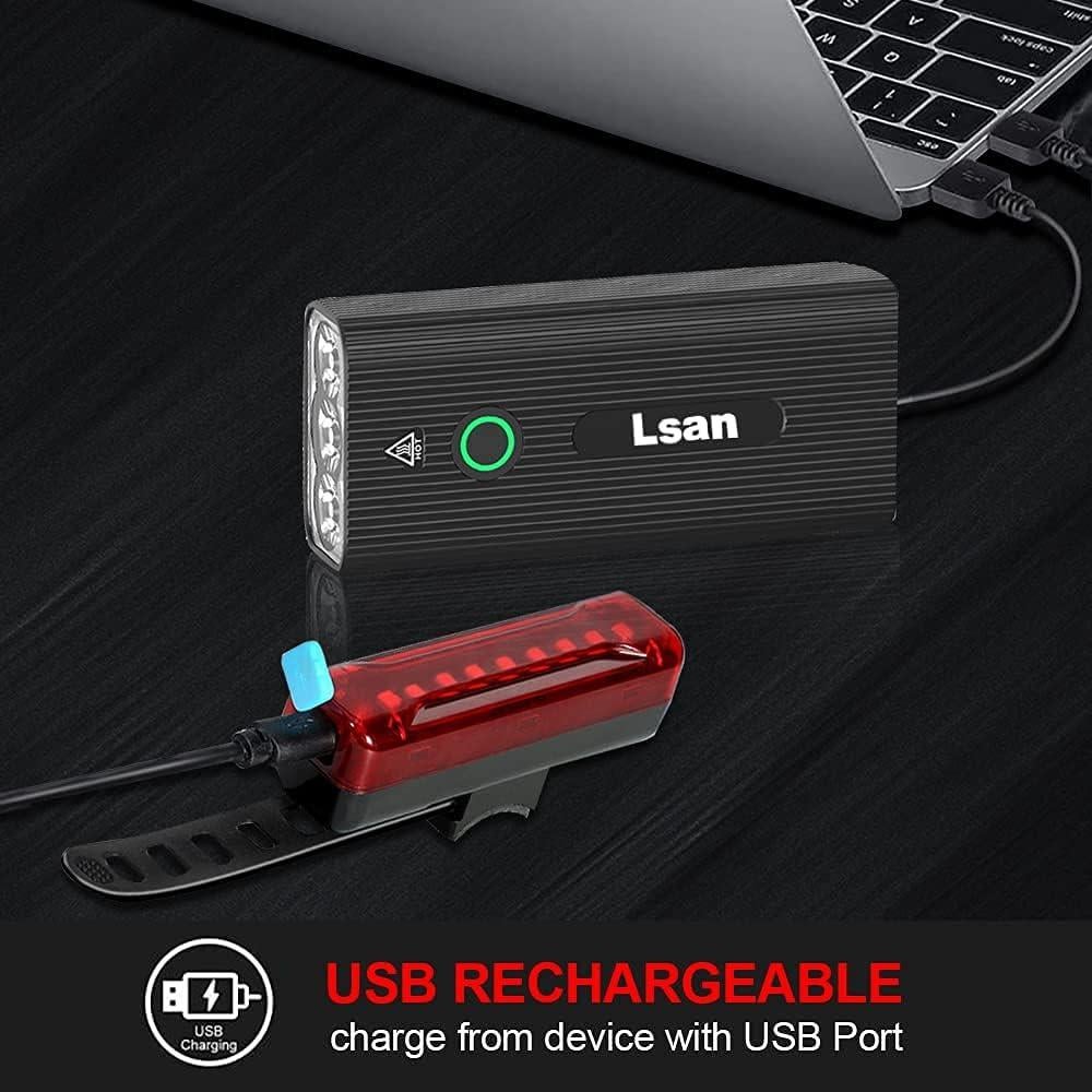 Luces de Bicicleta Lsan USB Recargables IPX5 3 LED + Luz Trasera
